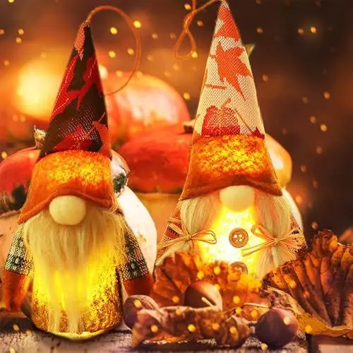 Produktbild: REGAPOG Herbstdeko Wichtel, 2 Stück Herbst Dekoration Wichtel Figuren Mit Licht, Handgemachte Erntedankfest Gesichtslose Puppe Zwerg, Herbst Zwerg Plüsch Das Erntedankfest