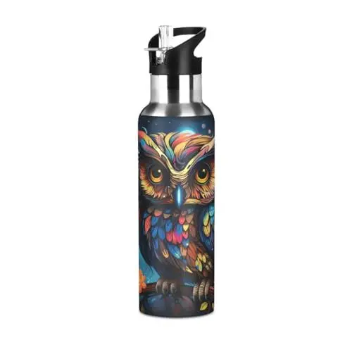 Produktbild: Regenbogen Bunter Eulenvogel Trinkflasche Wasserflasche mit Strohhalm, Thermosflasche Vakuumisolierte aus Edelstahl 18/8, BPA-frei für Kinder Sport Wandern Schule (600ml/1L)