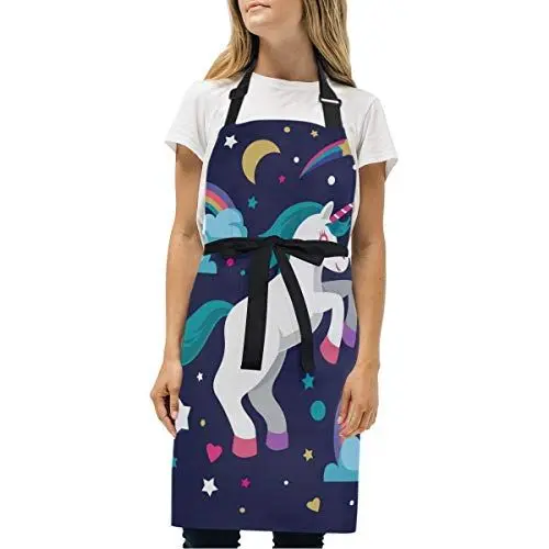 Produktbild: Regenbogenstern Einhorn Schürze Kochschürze Latzschürze für Damen Frauen Männer Chef Küchenschürze Schürzen mit 2 Taschen verstellbarem Nackenband