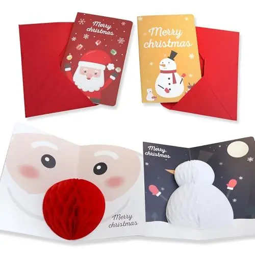 Produktbild: Regendeko 3D Weihnachtskarten Wabenkugel Pop-Up Karte Grußkarte zu Weihnachten Geschenk Weihnachtsmann Elch Schneemann Weihnachtsbaum weihnachtskarten mit Umschlag Set (Weihnachtsmann + Schneemann)