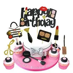 Produktbild: Regendeko Happy Birthday Lady Mädchen Schwarzgold Lippenstift Tortendeko Schminke Kuchendekoration Cupcake Toppers Geburtstagskuchen Deko