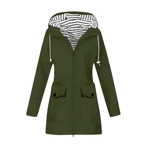 Produktbild: Regenjacke Damen Fahrrad Freizeit Jacket Regenbekleidung Damen Lässig Regenponcho Laufjacke Warme Warmer Rain Coat Women Raincoat Mode Übergangsmantel Wasserdichte Regenjacke Damen（3-Army Green，XL）