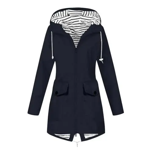 Produktbild: Regenjacke Damen Leicht Damen Regenjacke Grosse Groessen Outdoorjacke Damen Wasserdicht Damen Regenjacke Regenmantel Damen Lang Regenjacke Große Größen Damen Regenmantel Blau L
