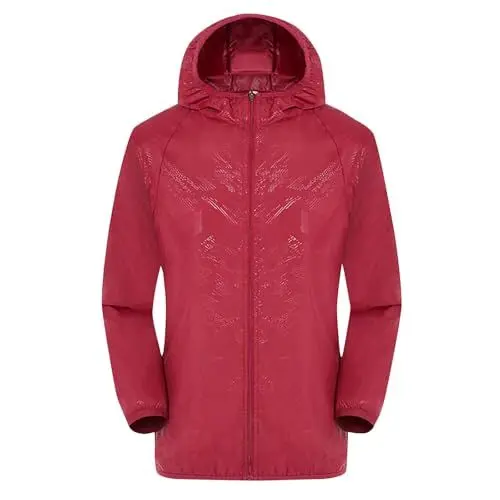 Produktbild: Regenjacke Damen Wasserdichte Atmungsaktiv übergangsjacke Faltbar Funktionsjacke Leichte Dünne Langarm Sommerjacke Reißverschluss Outdoorjacke mit Kapuze Winddicht Wanderjacke 41 Rot L