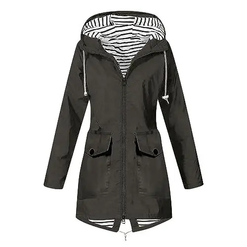 Produktbild: Regenjacke Frauen Leichter Regenmantel Wasserdicht Windbreaker Gestreift Klettern Outdoor Kapuzenmantel TrenchcoatsGrauXL