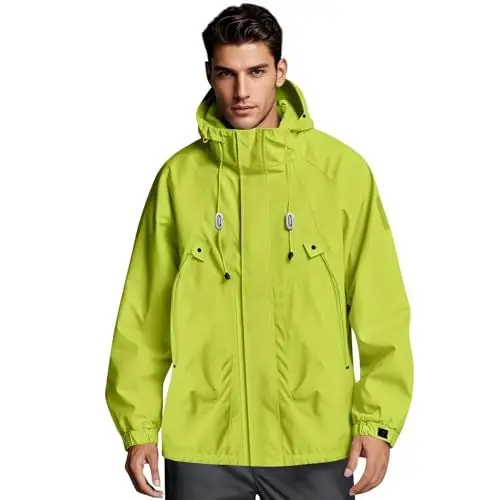 Produktbild: Regenjacke Herren Wasserdicht,Einfarbig Wasserdichte Softshelljacke Gefüttert Mit Gestreift Stanzjacke Atmungsaktive Übergangsjacke Frühling Herbst Leichte Kapuzenjacke（07-Leuchtendes Grün,M）
