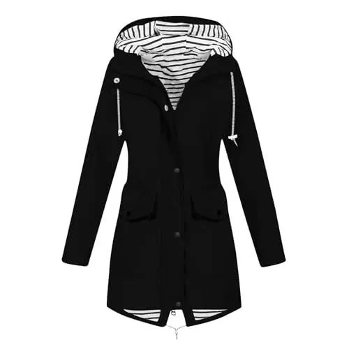 Produktbild: Regenmantel,Regenjacke Damen Wasserdicht Atmungsaktiv Softshelljacke Regenmantel Windbreaker Elegant Leichte Sommerjacke Lang Übergangsjacke Gefüttert Funktionsjacke Outdoorjacke,3-Schwarz L