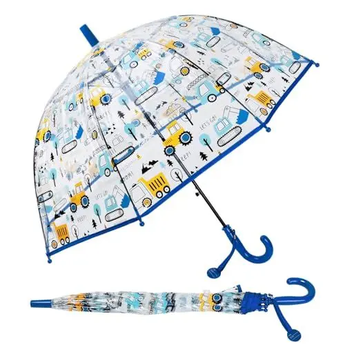 Produktbild: Regenschirm Kinderschirm Stockschirm, Windsicher Robustheit Regen Regenschirm Transparent, Kinderregenschirm Durchsichtig Junge Mädchen, Kuppel-Blasenschirm Durchmesser=70cm Technische Fahrzeuge