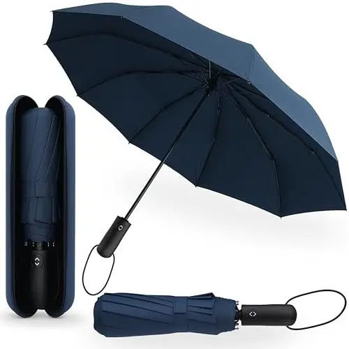 Produktbild: Regenschirm sturmfest mit Reiseetui I Taschenschirm gross Ø105cm I Regenschirm automatik auf und zu I Taschenschirm windfest für 2 Personen I Für Damen und Herren I Drytogo