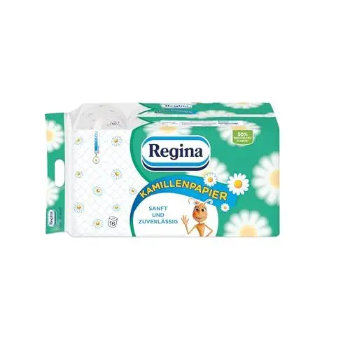 Produktbild: Regina Kamillenpapier 3-lagiges Toilettenpapier – 16-Rollen-Packung, 150 Blatt pro Rolle, Weich und Sanft mit Kamillenduft und FSC-zertifiziertem Papier