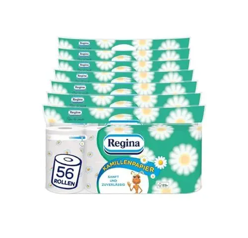 Produktbild: Regina Kamillenpapier 3-lagiges Toilettenpapier - 56 Rollen-Packung (7 x 8 Einzelpackungen), 150 Blatt pro Rolle, Sanft und zuverlässig, Mit einem Hauch von Kamille, FSC-zertifiziertes Papier