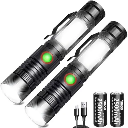 Produktbild: REHKITTZ LED Taschenlampe Extrem Hell 2000 Lumen, 2500 mAh Hochkapazitative USB Wiederaufladbare Multifunktions Taschenformat Taschenlampe mit Magnet und COB Arbeitsleuchte,Zoombar Handlampe(2 Stück)