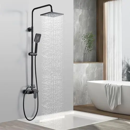 Produktbild: Rehomthy Duschsystem mit Duscharmatur Schwarz, Regendusche mit Armatur, Duschamaturenset inkl Mischbatterie Dusche, Kopfbrause, Handbrause, Brausestange, HöHenverstellbar, Quadrat
