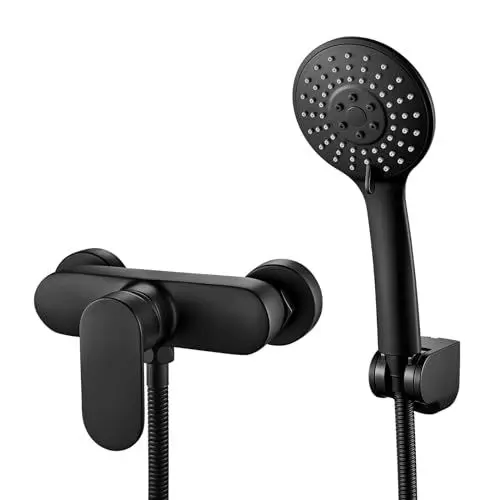 Produktbild: Rehomthy Schwarz Duscharmatur mit Handbrause, Mischbatterie für Dusche Set mit Einhand-Brausearmatur, 3 Funktionen Duschbrause und 1.5m Schlauch