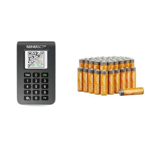Produktbild: REINER SCT tanJack Photo QR I Chip chipTAN-Tan Generator für Online Banking & Amazon Basics AA-Alkalibatterien, leistungsstark, 1,5 V, 48 Stück (Aussehen kann variieren)