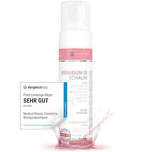 Produktbild: Reinigungsschaum 200ml mit Hyaluron, Bio Rosenwasser, Bio Aloe Vera – Porentiefe Reinigung mit dem veganen Face Cleanser und Make Up Entferner mit milden Tensiden, Allantoin und Panthenol.