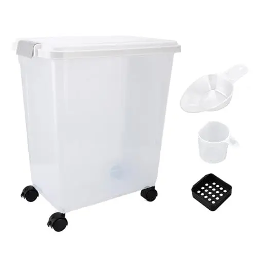 Produktbild: Reisvorratsbehälter, Großer Lebensmittelvorratsbehälter mit Rädern, Becher und Schaufel, 30 Kg Fassungsvermögen, Luftdichter Reiskornbehälter für Müsli, Mehl, Snacks
