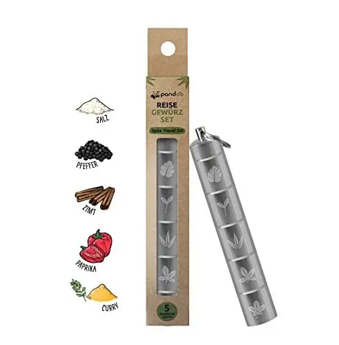 Produktbild: Reise- und Picknick Gewürz-Set | Outdoor Reisegewürzset 5-in-1 Mini Camping Gewürzstreuer | Wasserdichte, Kleine & Leichte Aluminium Gewürz-Dosen | inkl. 5 hochwertiger Gewürze Silber