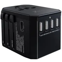 Produktbild: Reiseadapter Reisestecker Universal 224 Ländern Travel Adapter, 2000W Fast Charge Weltweit mit 4 USB Ports + Type C + AC Reise Steckdosenadapter Steckdose International für USA Europa UK Asia usw