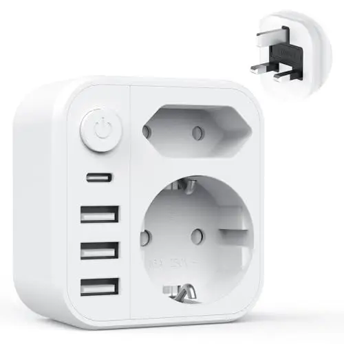 Produktbild: Reiseadapter UK Adapter England Deutschland Stecker,UK Adapters mit 3USB 1USB C(3.4A),mit 2 Steckdose,Steckdosenadapter England,Reiseadapter Typ G für England Ireland,Dubai,Maldives