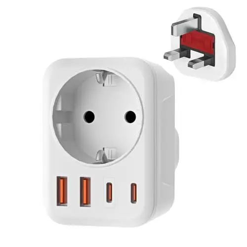 Produktbild: Reiseadapter UK Adapter England Deutschland Stecker mit 1 AC & 2 USB-C & 2 USB-A(3.4A), Reisestecker Typ G Steckdose UK Auf DE EU Steckdosenadapter für England, Irland, Malta, Malediven,Sri Lanka usw