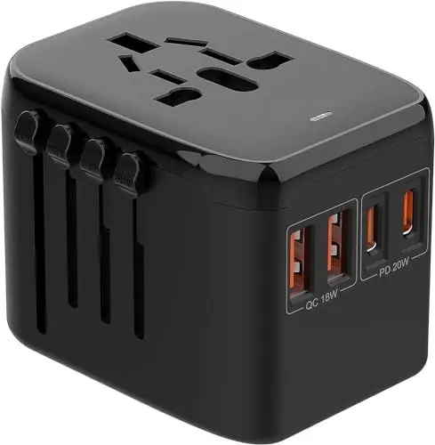 Produktbild: ChenFec Reiseadapter Weltweit Reisestecker für 150+ Ländern, Weltweit Universaler Adapter mit 2 USB-C PD + 2 USB-A QC und 1 AC Steckdose Internationale Reiseadapter für USA Europa UK Australien Usw