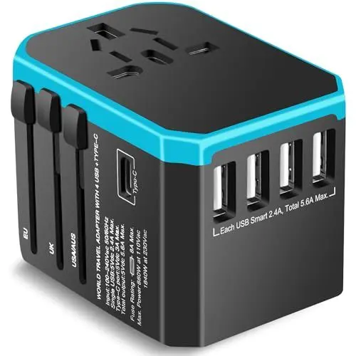 Produktbild: Reiseadapter Weltweit Universal Reisestecker Adapter mit 2USB, 3USB C 15W Schnelles Laden und 1AC Steckdose, Internationaler Steckdosenadapter, Travel Adapter mit UK EU USA AUS Stecker, 224+ Ländern.