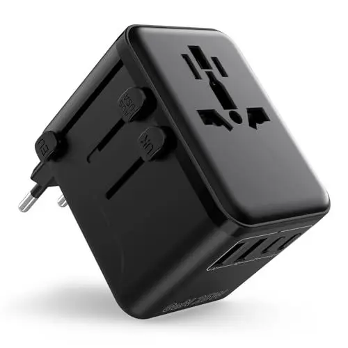 Produktbild: Reiseadapter Weltweit, Universal Reisestecker mit 2 USB A und 2 USB C, Internationaler Steckdosenadapter – Kompatibel mit USA, EU, UK, Japan, Australien, Mexiko & 180+ Länder Schwarz