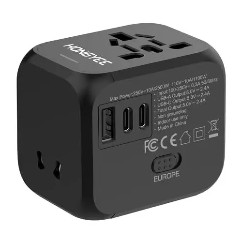 Produktbild: Reiseadapter Weltweit, Universal Reise stecker 2500W, mit USB Ladegerät USB A+2USB C PD 20W, Internationalerl Stecker 2500W AC Sockel und Dual Sicherungen, Travel Adapter für China EU AU US UK JP 200+