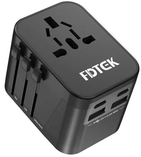 Produktbild: Reiseadapter Weltweit mit 2 USB-A, 2 USB-C und 1AC Steckdose, FDTEK 5 in 1 Internationaler Reisestecker, Universal Steckdosenadapter Travel Adapter über 200+ Länder für Deutschland UK Italien USA AUS