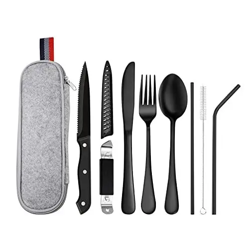 Produktbild: Reisebesteck Camping Besteck To Go, 9-Teilig Edelstahl Outdoor Bestecktasche FüR Unterwegs,Tragbare Campingbesteck Mit Etui (Schwarz)