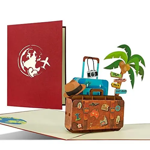 Produktbild: Reisegutschein, Gutscheinkarte mit Pop-up 3D Koffer für Urlaub I Geschenk für eine Weltreise, Kreuzfahrt, Reise, Hotel I Schöne Geschenkidee, C28