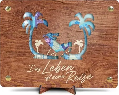 Produktbild: Reisegutschein - XL Geldgeschenk aus Holz inkl. Ständer | Urlaub - Reise Geschenk, Gutscheinkarte Für Urlaub, Lustiges Geldgeschenk Für Reisekasse, Strand, Urlaub Am Meer