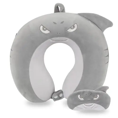 Produktbild: Reisekissen, Kinder-Reisekissen mit Schlaf-Augenmaske & Reisetasche, weiches Memory-Schaum-Nackenkissen für Kinder Jungen & Mädchen, Teenager, Reisezubehör für Flugzeug – Graues Hai-Nackenkissen