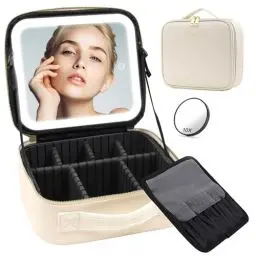 Produktbild: Reisekosmetiktasche mit beleuchtetem Spiegel, unterteilbare Kosmetiktasche Kosmetiktasche mit 3 Farbmodi dimmbaren Lichtspiegel, wasserdichte PU Leder Make up Organizer Tasche