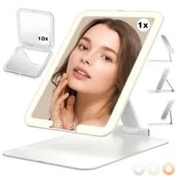 Produktbild: Reise-Make-up-Spiegel mit Licht und Mini-10-fach-Vergrößerungsspiegel, tragbarer, klappbarer beleuchteter Spiegel mit 3 Lichtfarben, dimmbar, verstellbarer Ständer, wiederaufladbarer Kosmetikspiegel