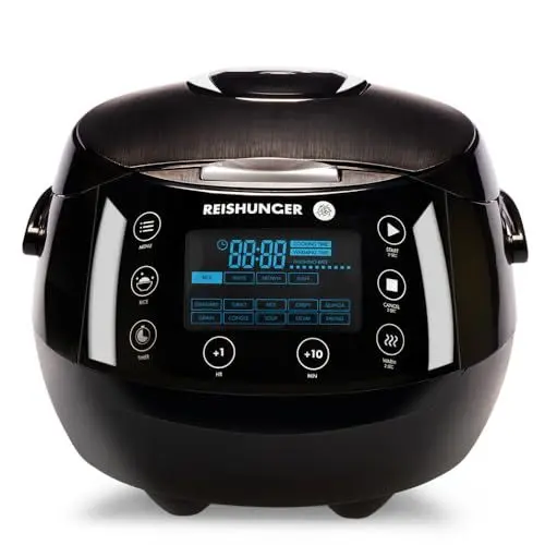 Produktbild: REISHUNGER Digitaler Reiskocher & Dampfgarer Schwarz | 1,5 L bis 8 Personen | Warmhaltefunktion, Timer & Premium Innentopf | Multikocher, 12 Programme, 7-Phasen-Technologie