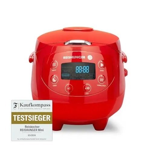 Produktbild: REISHUNGER Digitaler Reiskocher klein, rot | 0,6 L bis 3 Personen | Warmhaltefunktion, Timer & Premium Topf | Kleiner Multikocher & Dampfgarer, 8 Programme, 7-Phasen-Technologie