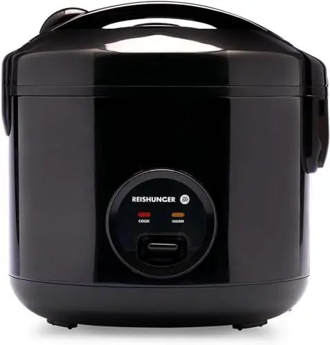 Produktbild: REISHUNGER Reiskocher & Dampfgarer mit Keramikbeschichtung - 1,2 L, Schwarz - Für 1-6 Personen - Schnelle Zubereitung ohne Anbrennen - Mit Warmhaltefunktion inkl. Dämpfeinsatz, Löffel & Messbecher