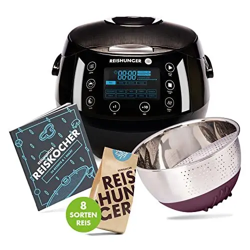 Produktbild: REISHUNGER Starter Set Digitaler Reiskocher & Dampfgarer Schwarz inkl. Kochbuch, Reiswaschschüssel und 8 Sorten Reis (8 x 200g)