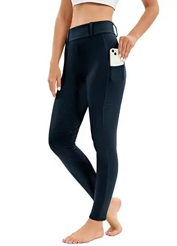 Produktbild: Reitleggings Damen Vollbesatz mit Handytasche, High Waist Reithose Damen Mädchen Stretch mit Gürtelschlaufen Marine Blau M
