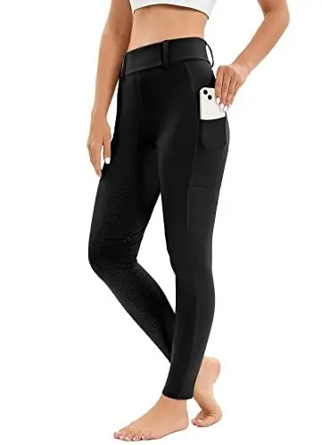 Produktbild: Reitleggings Damen Vollbesatz mit Handytasche, High Waist Reithose Damen Mädchen Stretch mit Gürtelschlaufen Schwarz L
