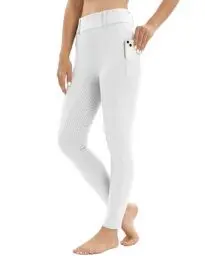 Produktbild: Reitleggings Damen Vollbesatz mit Handytasche, High Waist Reithose Damen Mädchen Stretch mit Gürtelschlaufen Weiß M