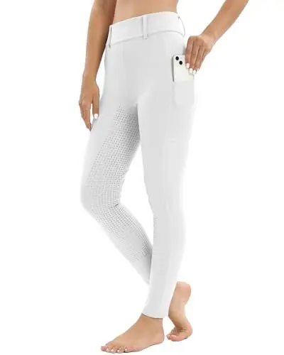 Produktbild: Reitleggings Damen Vollbesatz mit Handytasche, High Waist Reithose Damen Mädchen Stretch mit Gürtelschlaufen Weiß M