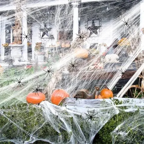 Produktbild: REJODA 130 m² Spinnweben Halloween Deko für Außen & Innen mit 60 Künstlichen Spinnen, Super Dehnbare Spinnennetze für Halloween Party & Grusel-Event, Gruselige Garten-Deko