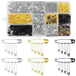 Produktbild: REJOECE 600 Stück Sicherheitsnadeln Sortiert, Kleidung Sicherheitsnadeln klein mittelgroß für Kunsthandwerk Nähen Kleidung Kunst, Gold Silber Schwarz, 19 mm, 22 mm, 28 mm, 32 mm, 38 mm