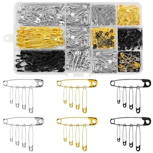 Produktbild: REJOECE 600 Stück Sicherheitsnadeln Sortiert, Kleidung Sicherheitsnadeln klein mittelgroß für Kunsthandwerk Nähen Kleidung Kunst, Gold Silber Schwarz, 19 mm, 22 mm, 28 mm, 32 mm, 38 mm