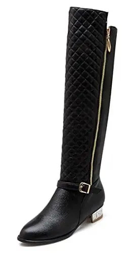 Produktbild: REKALFO Damen-Stiefel mit Blockabsatz und Blockabsatz bei kaltem Wetter kniehoher Reißverschluss weicher atmungsaktiver Lederstiefel Schwarz 42 EU