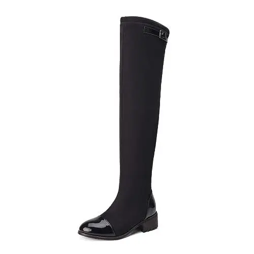 Produktbild: REKALFO Damen Overknee Stiefel, Oberschenkel Hohe Stiefel Chunky High Heels, Sexy Stretch Mode Hohe Stiefel Schwarz 43 EU