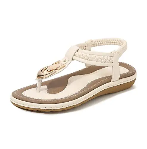Produktbild: REKALFO Damen T-Riemen String Slip On flache Sandalen mit elastischen römischen Gladiatoren-Mode-Flip-Flop-Schuhen Apricot 35 EU